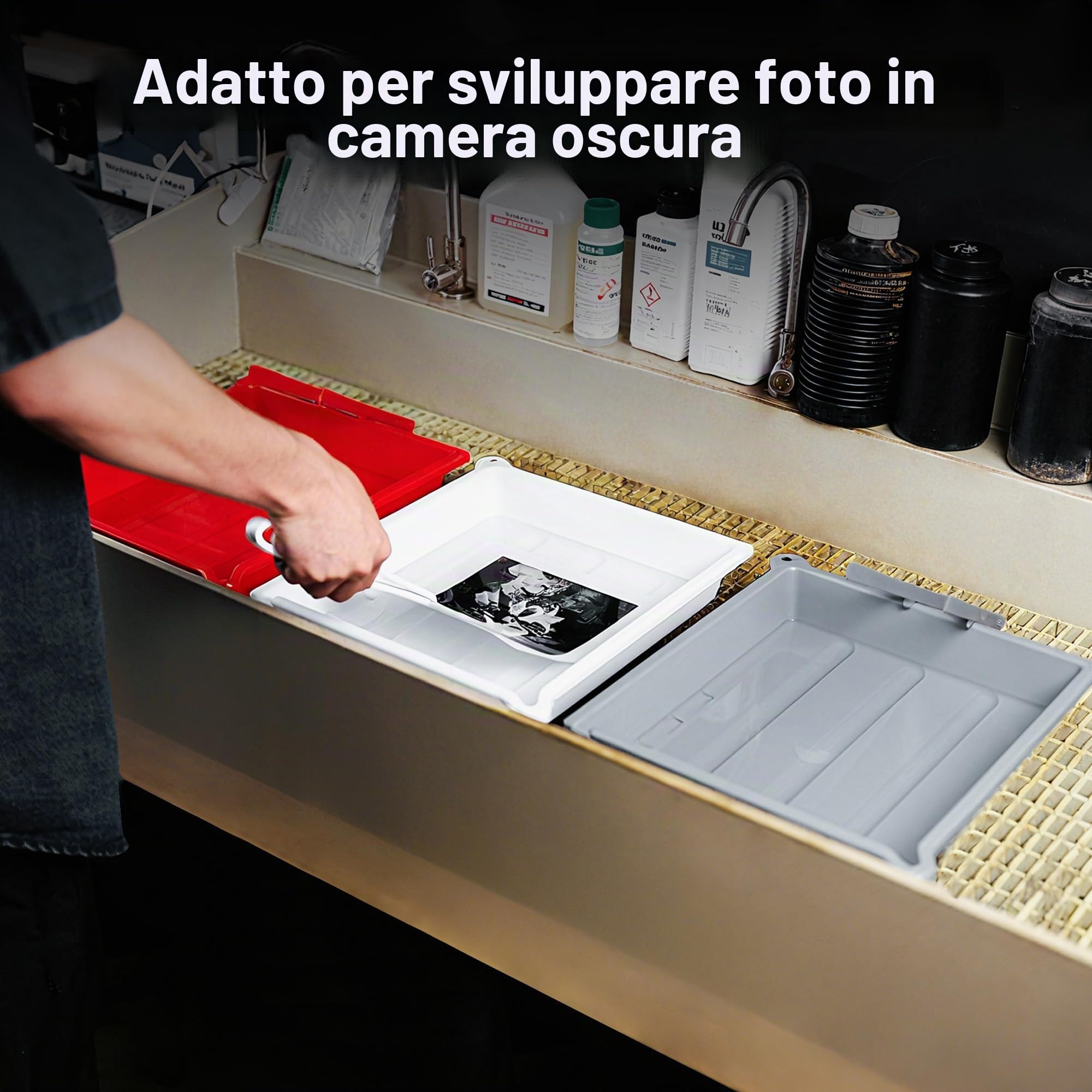 JJC Darkroom - Vassoio per lo sviluppo di pellicole per stampa fotografica con clip in silicone, porta di drenaggio e scomparto per termometro, 33,4 x 38,4 cm, 33,4 x 38,4 cm, bianco, rosso, grigio