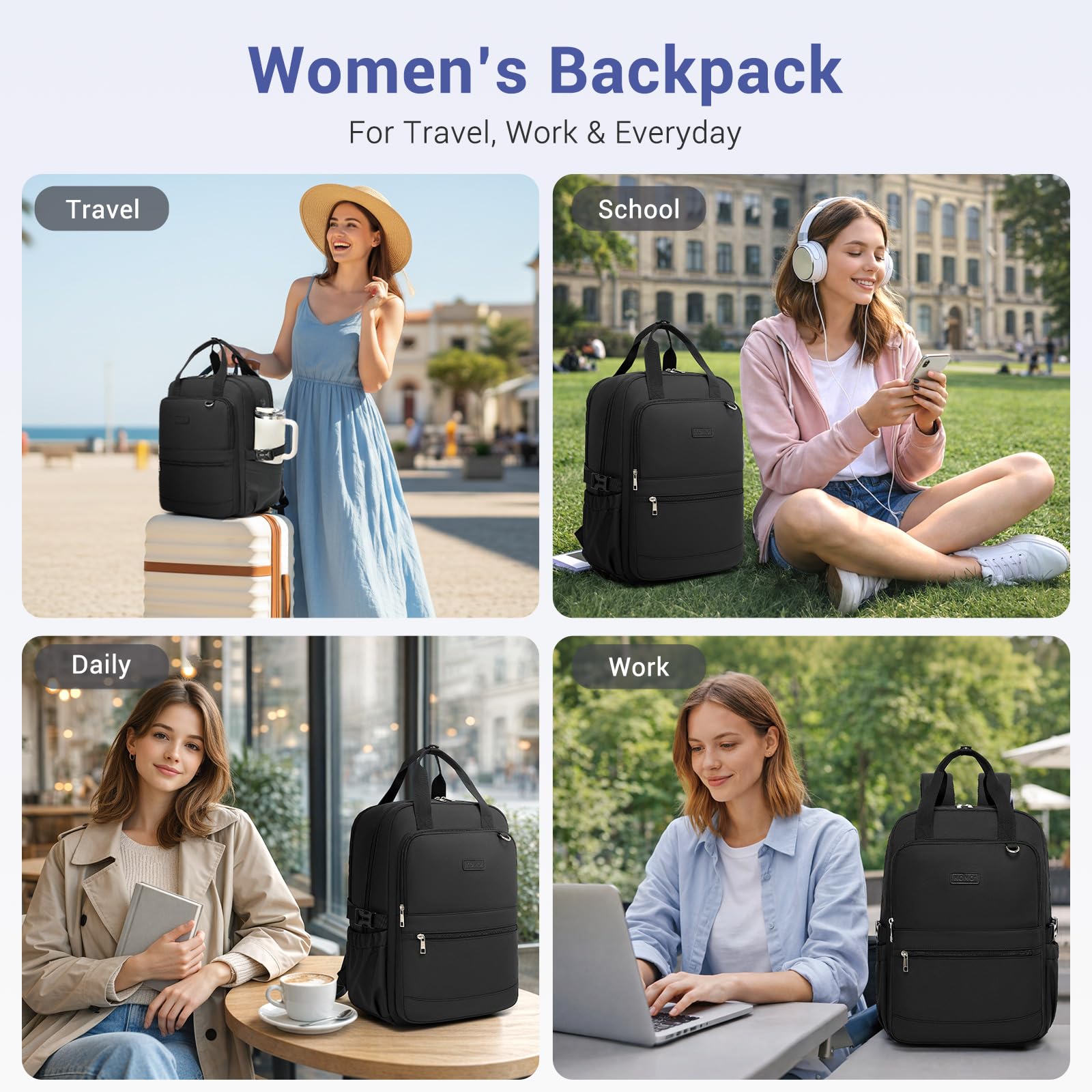 Kono Laptop Backpack Womens with Pouch Pocket for Large Capacity Cup, 15.6 Inch Laptop Bags for Women, Travel Backpack Water Resistant Large Rucksack for Work Business School College Teacher Girls — view 6