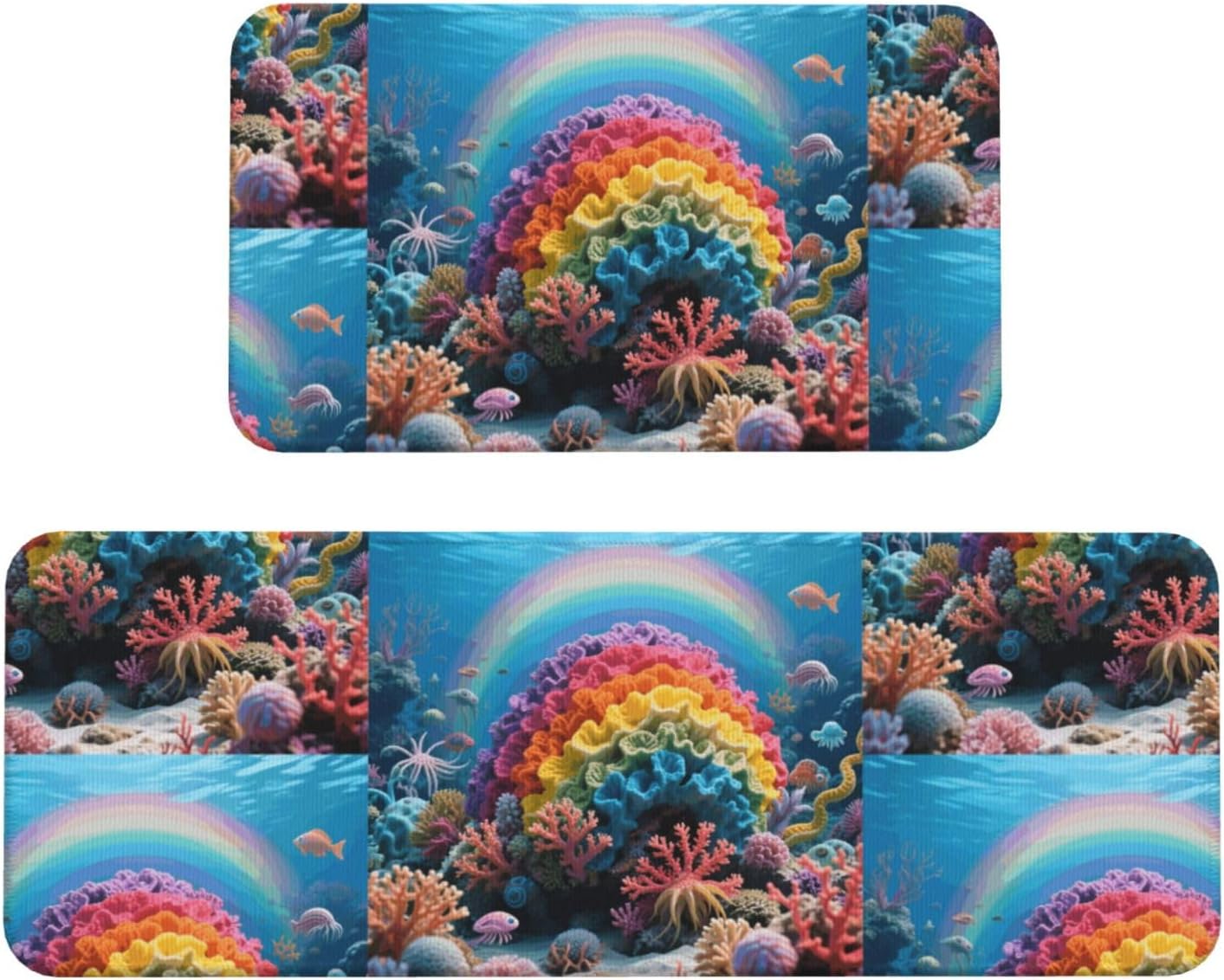 Rainbow Coral Reef Kitchen Rugs Set of 2, Cushioned Anti-Fatigue Kitchen Mats for Floor, Waterproof Comfort Standing Mat Absorbent Velvet Kitchen Runner Rugs 17"x30"+17"x47"