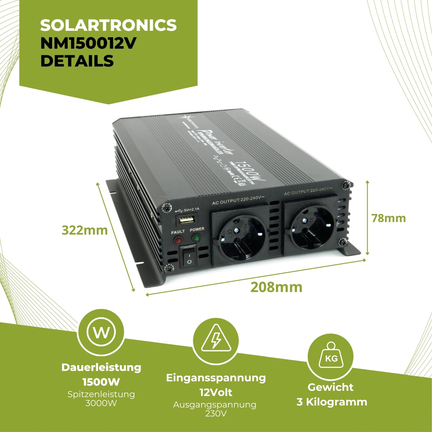 SOLARTRONICS Transformador de tensión NM1500 12 V 1500 W Negro – 3000 W de Potencia máxima – inversor de 12 V a 230 V – Batería de Plomo o AGM Compatible – con Conector Schuko y USB