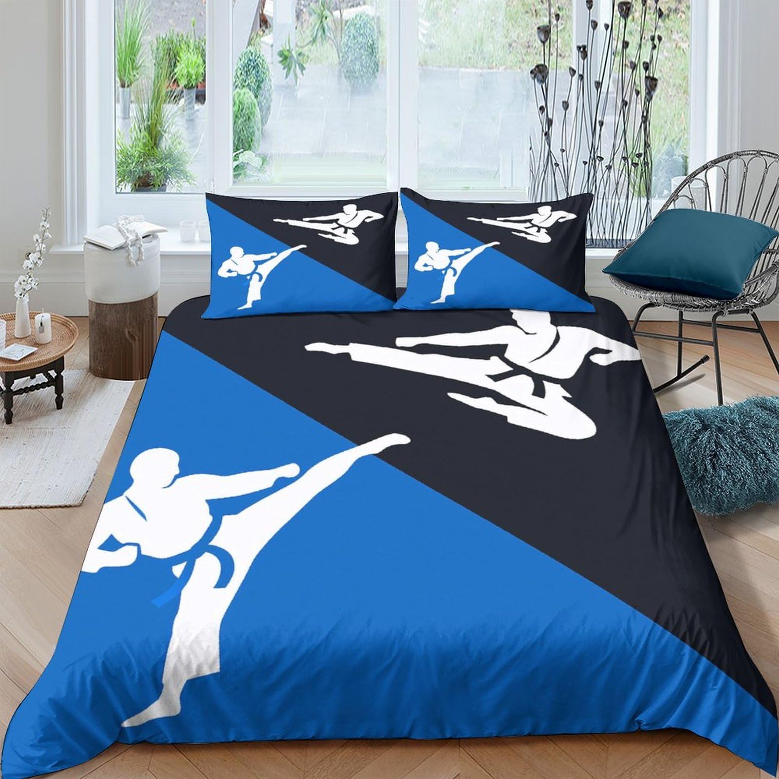 Ctjqhvkz Style-2 3D Printed Karate Martial Arts Fitted Sheet Microfiber Blue Black Athlete Mattress Cover For Bedroom Guestroom Dorm Decor Single（135X200cm）