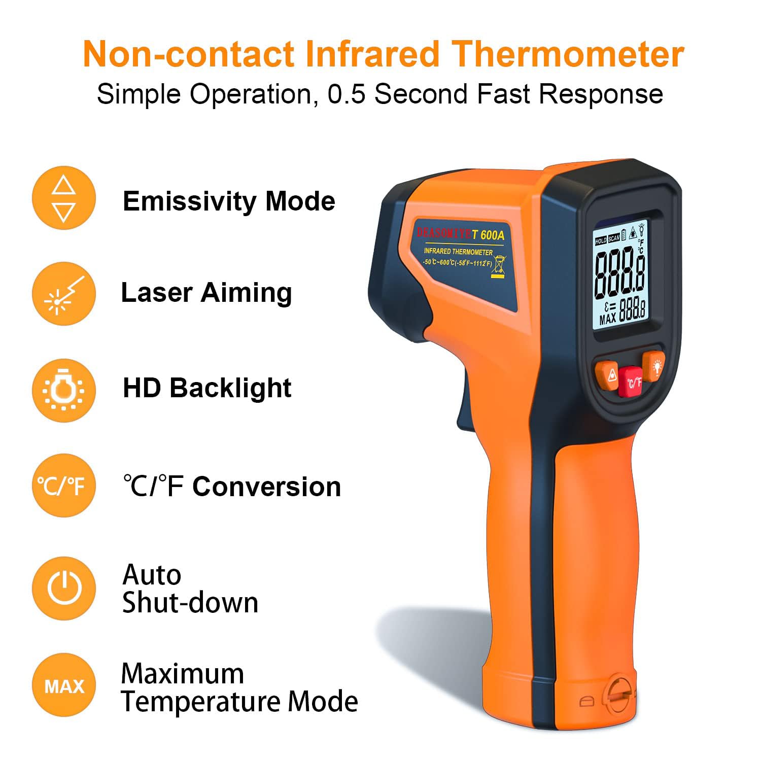 DEASOMIYE Infrared Thermometer Gun, -58°F~1112°F Laser Thermometer Temperature Gun, Non Contact IR Temp Gun with Adjustable Emissivity for Cooking,Griddle,HVAC,Fridge,Grill,Pizza Oven(Not for Human) — Amazon image 8