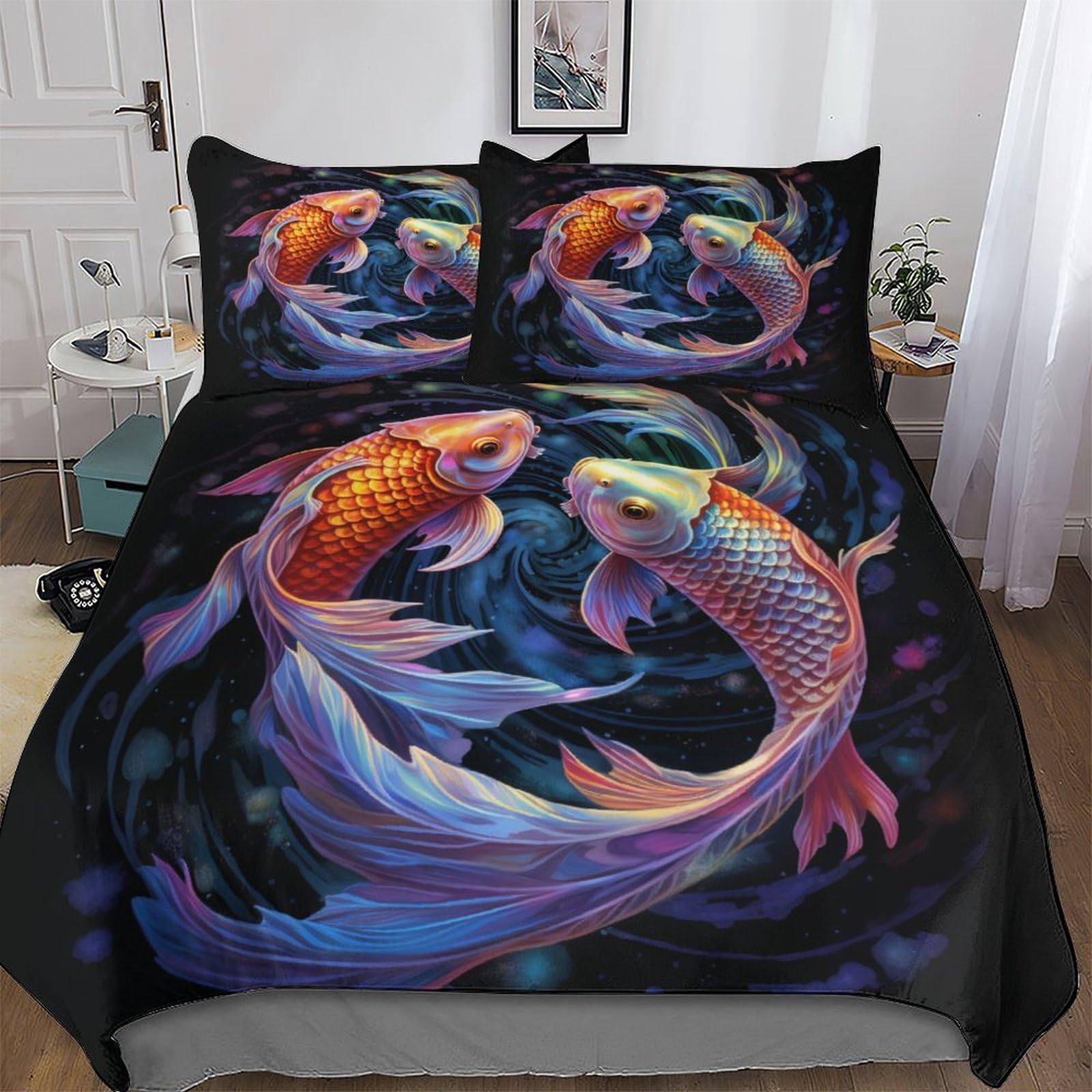 Housse de couette poisson 3D anti-plis : parure de lit double 200x200 en microfibre douce