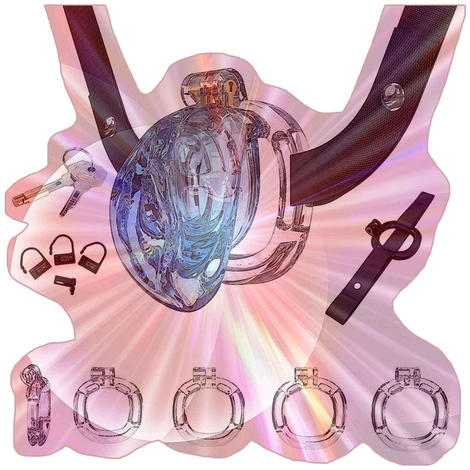 Male Protection Cage Set with Soft Cover, Male Practice Cage with Waist Belt and 4 Rings -USHA46 (B:Blue-Transparent)