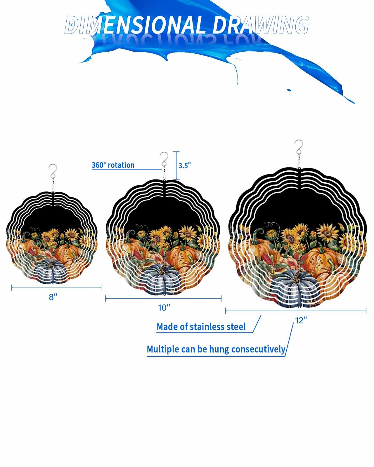 Fall Wind Spinners, Autumn Pumpkins Sunflower Black Hanging Wind Spinners for Yard and Garden 3D Stainless Steel Metal Sculptures Crafts Ornaments 8 Inch