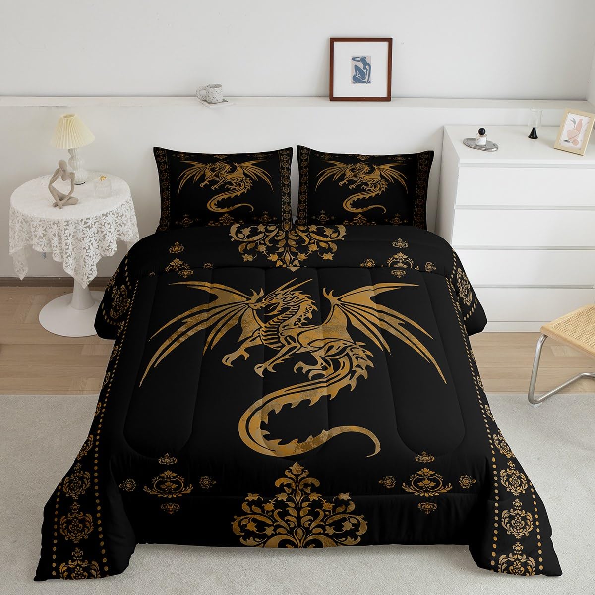 Feelyou Dragon Bedding Set Kids Boys Teens Gothic Damask Paisley Floral Comforter Set Full Size Women Bohemian Exotic Duvet Insert Animal Theme Room Decor,Gold Black