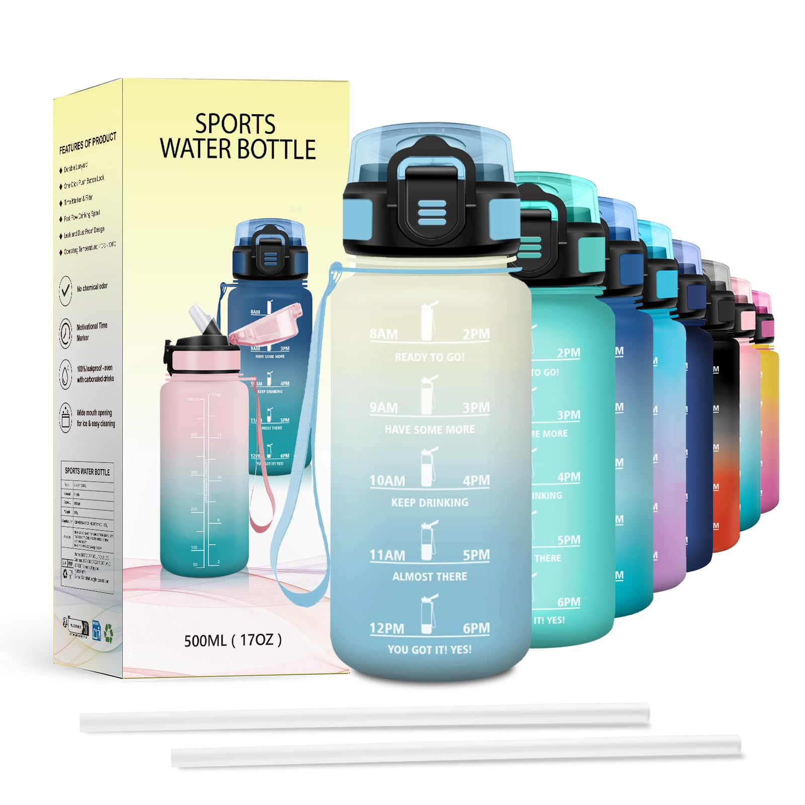 JAPORIA Borraccia 500ml, Borraccia con Cannuccia, Antigoccia, Bottiglia Acqua Motivazionale con Indicatore del Tempo, per Ufficio, Lavoro, Yoga