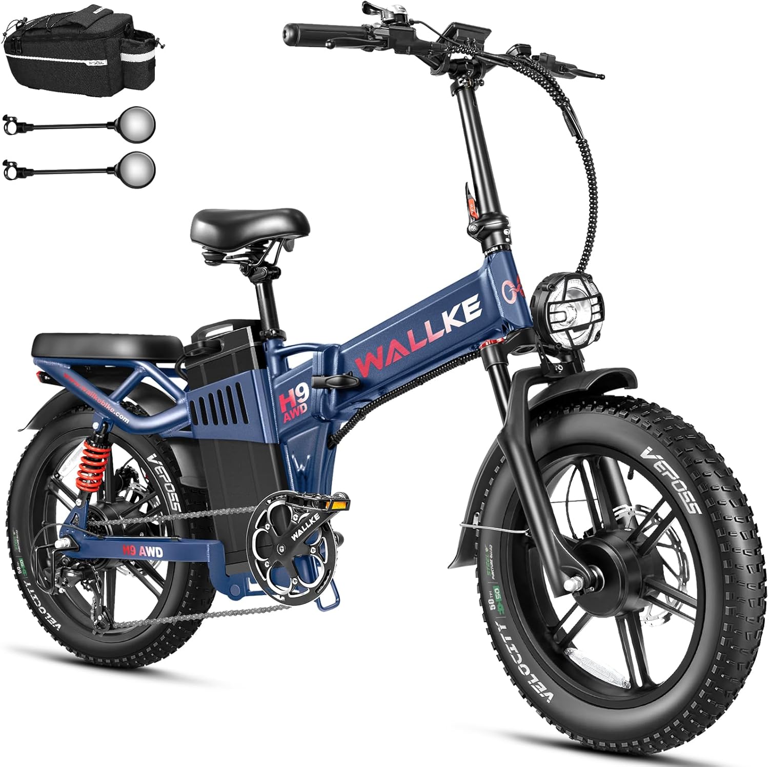 Wallke H9 AWD 3200W Dual Motor Electric Bike for Adult, 82Ah/60Ah Sam-Sung Cell Battery Long Range Ebike, 34MPH Fast E-Bike, 20" Fat Tire Foldable Full Suspension Road/Mountain Hunting Bicycle, UL2849