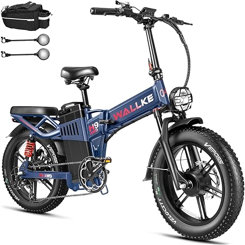 Wallke H9 AWD 3200W Dual Motor Electric Bike for Adult, 82Ah/60Ah Sam-Sung Cell Battery Long Range Ebike, 34MPH Fast E-Bike, 20" Fat Tire Foldable Full Suspension Road/Mountain Hunting Bicycle, UL2849