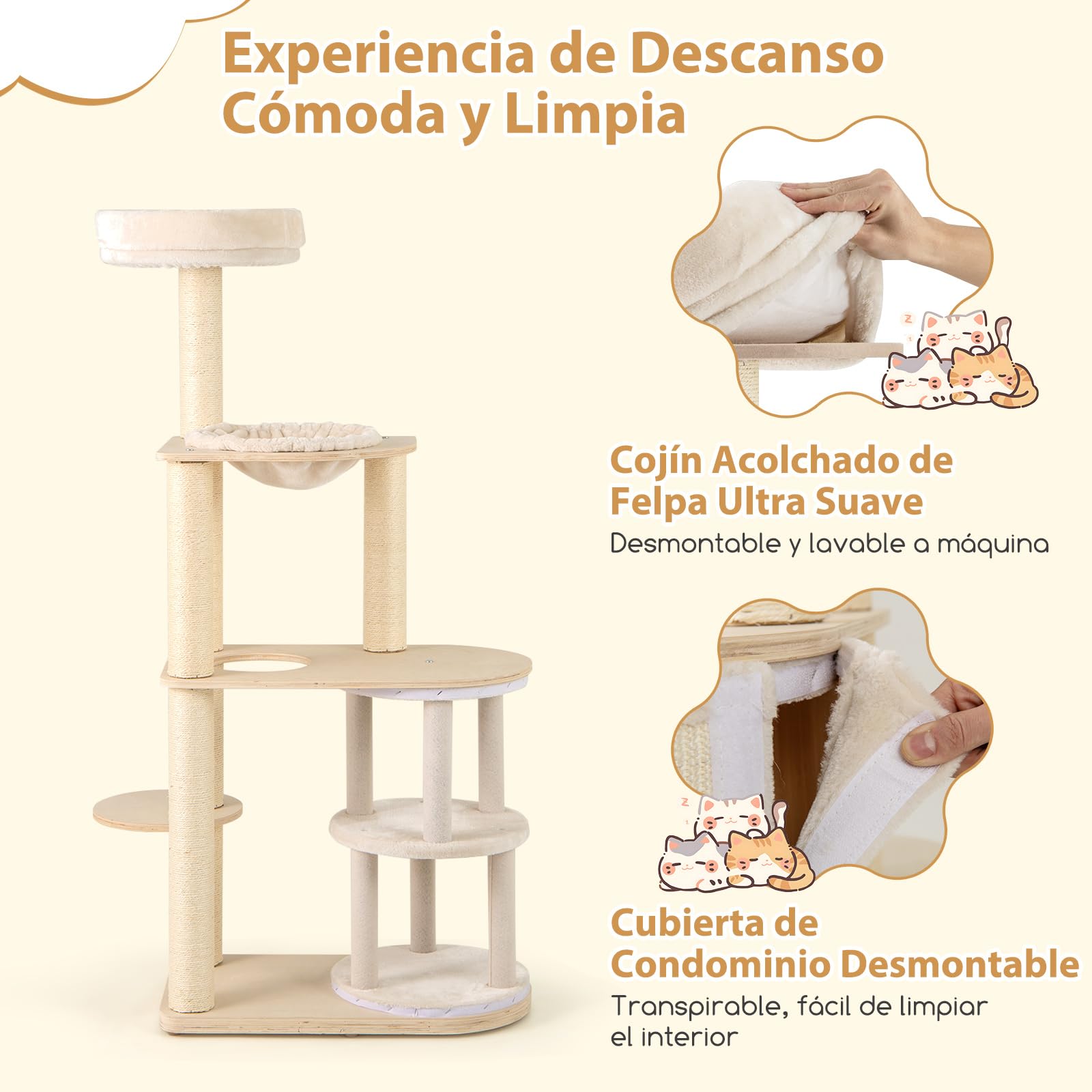 COSTWAY Árbol Rascador para Gatos de 151 cm, Torre Rascador de Escalada Gato con Poste Rascador, Condominio, Alfombra, Cama, Hamaca, Cojín Lavable, Centro de Actividades Multifuncional para Gatos