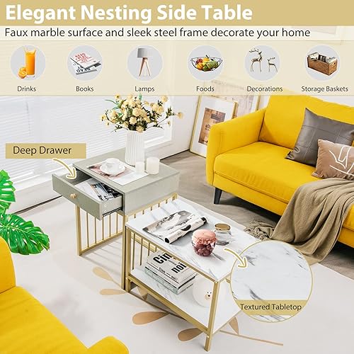 Miniatura 4 de Giantex Juego de mesa auxiliar anidable con cajón y estante, juego de mesa auxiliar de sofá compacto 2 en 1 con marco de acero, juego de 2 mesas
