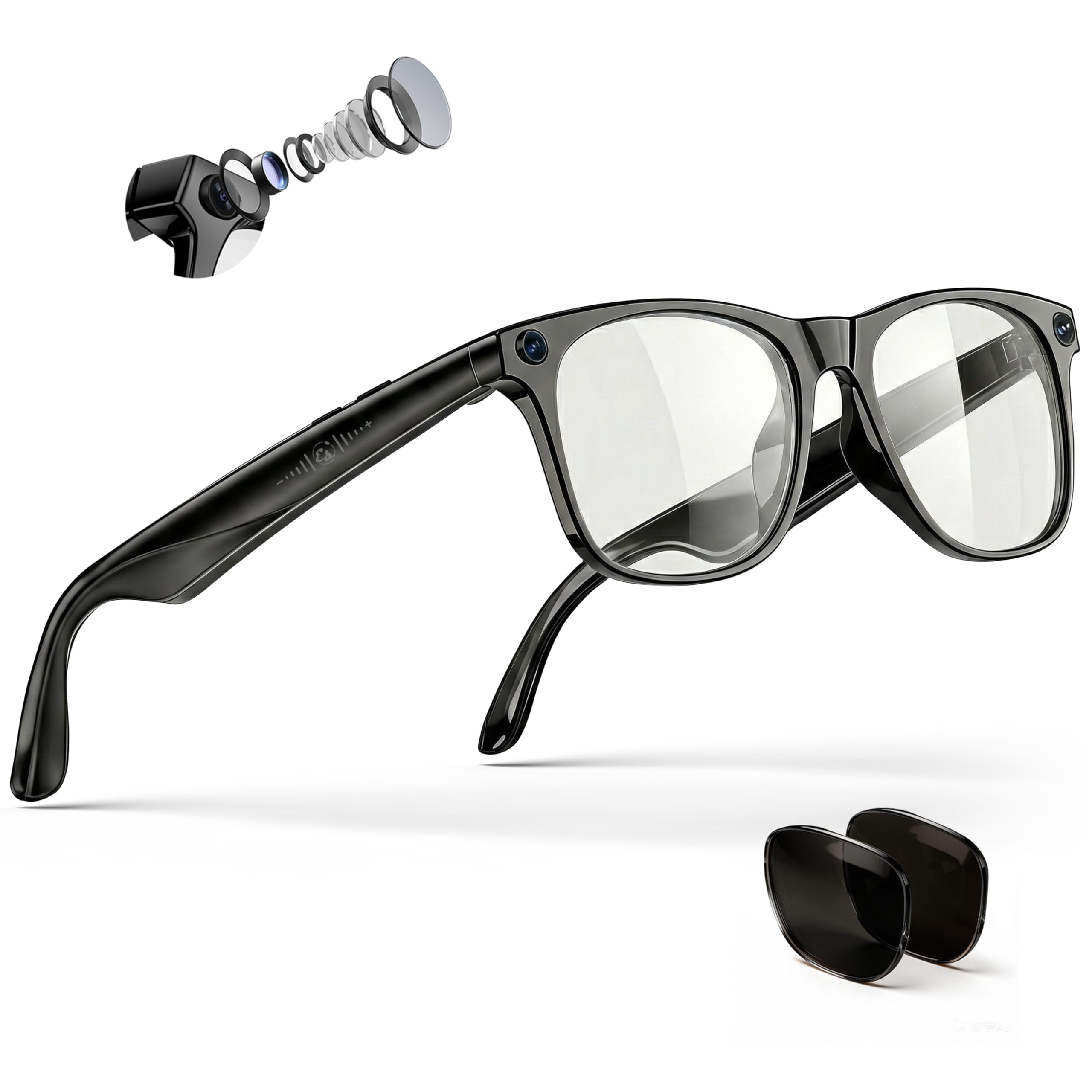 EarlySincere Smart Glasses with 4K Camera & AI Translation, Blue Light Filter + Bonus Sunglasses Lenses, Bluetooth Headphones & Meeting Assistant for Office & Travel
