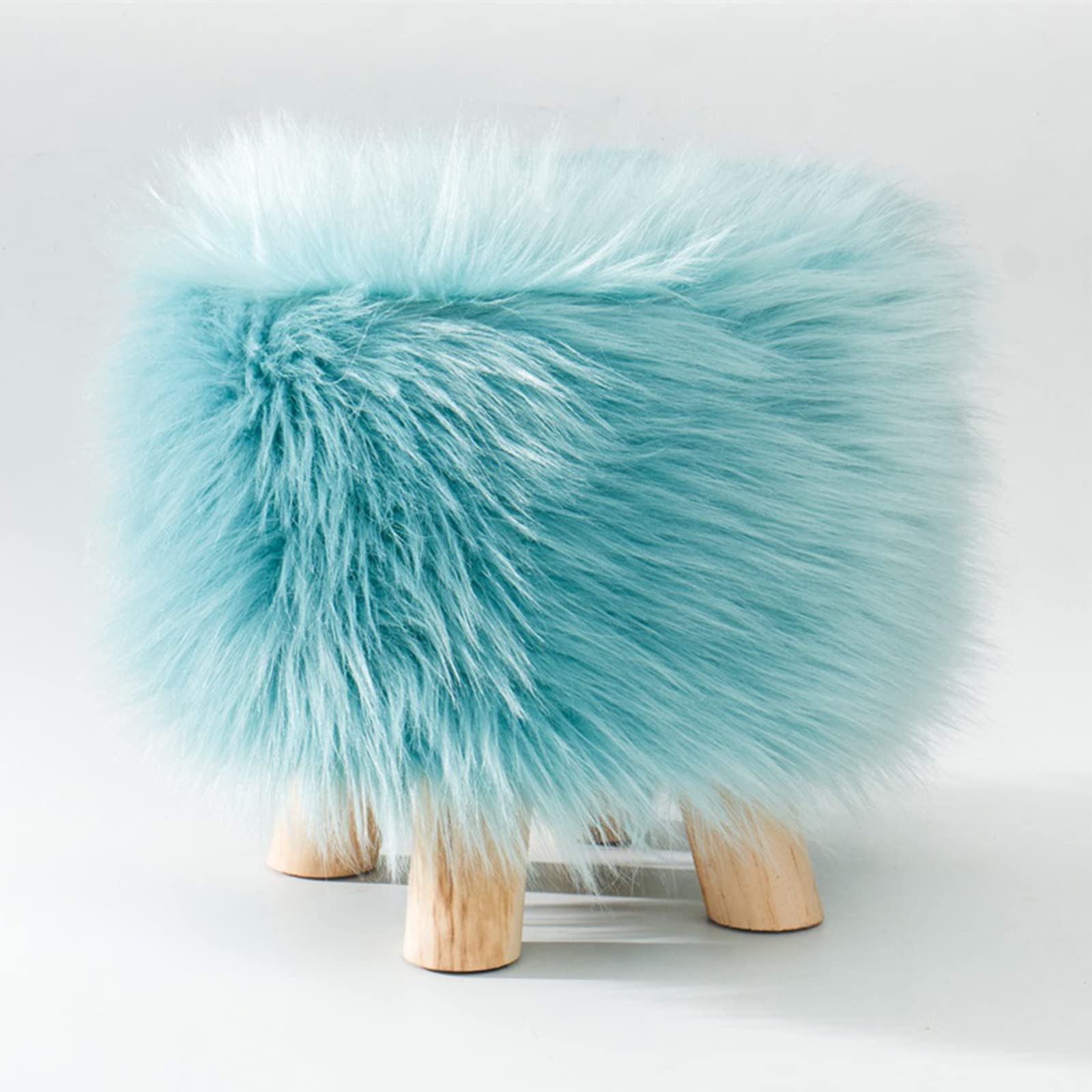 Tabouret fourrure verte petit pouf salon et repose-pieds de chambre en bois