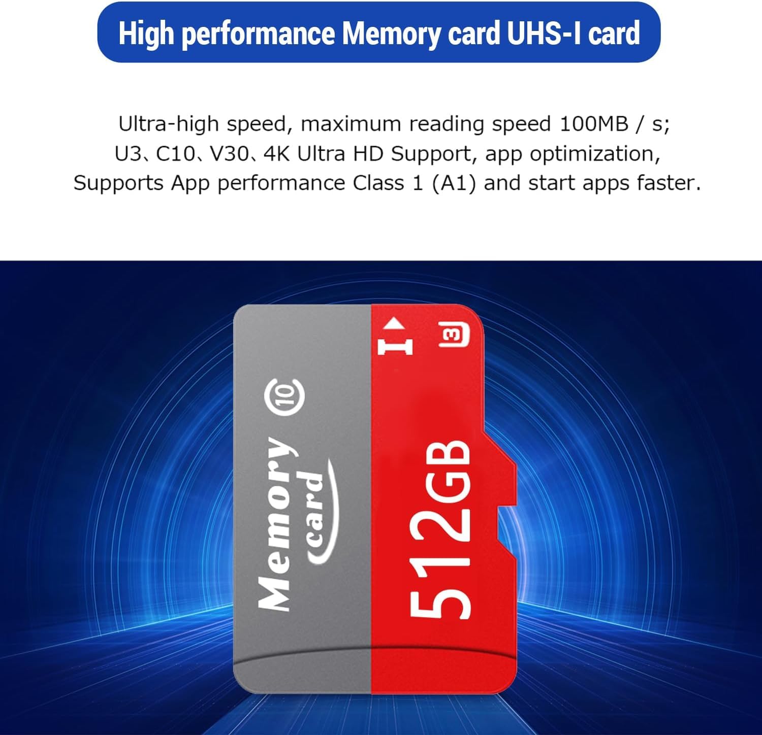 Scheda di memoria TF da 512 GB UHS-I 4K UHD video ad alta velocità, per Dash Cam, Body Cam, Action Camera con adattatore