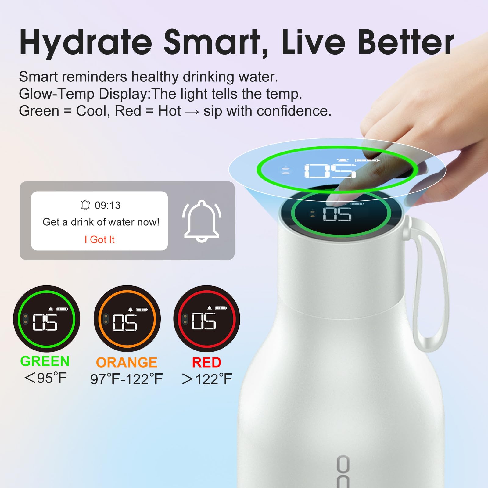 vsitoo Selbstreinigende Wasserflasche, 935.5 g Isolierte Edelstahl BPA Frei Smart Water Bottle, Touchscreen APP Control & Auto-Cleaning, Thermoflasche für Reisen, Weiß
