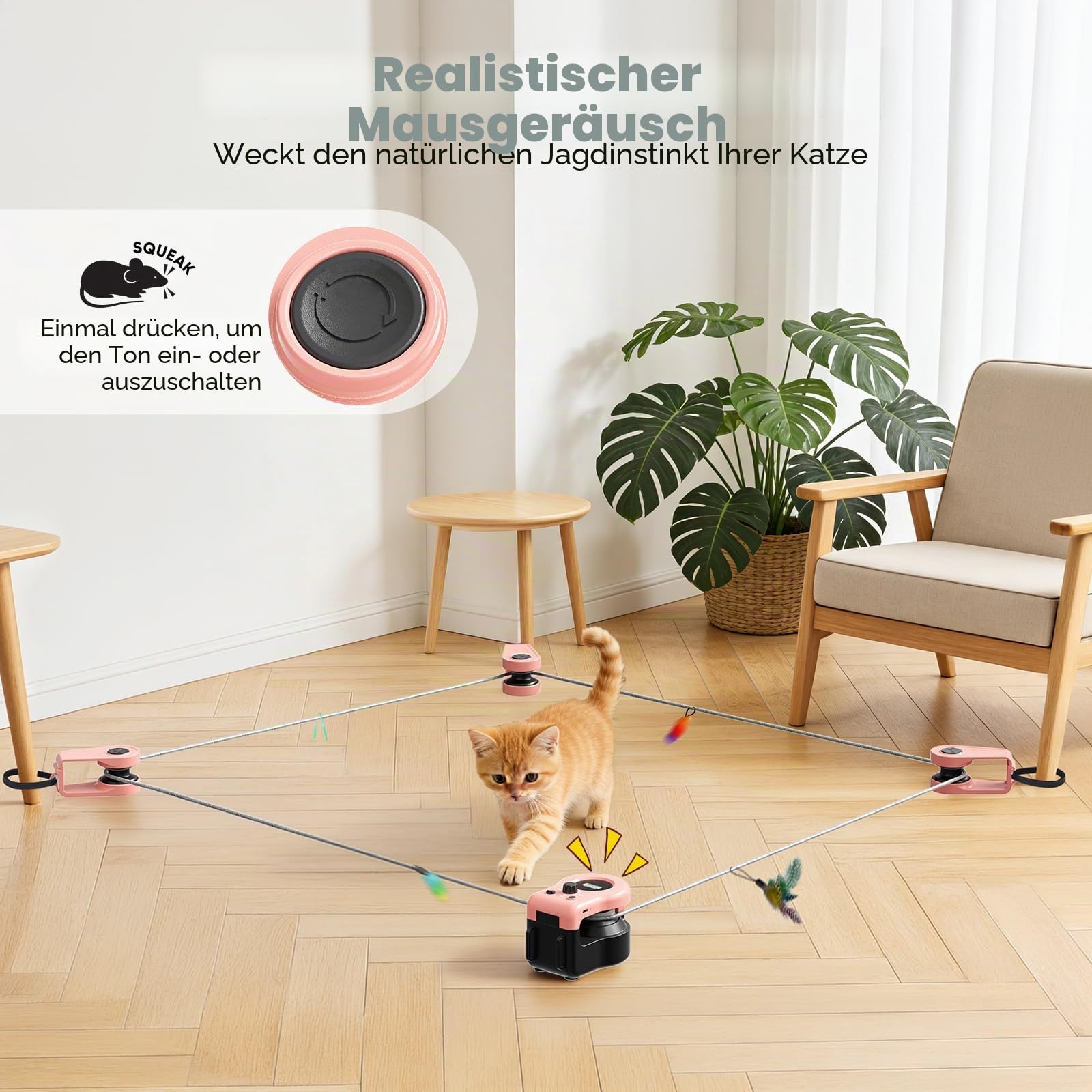 Interaktives Katzenspielzeug für Drinnen, Laufband, automatisch/ferngesteuertes Katzenspielzeug, einstellbare Geschwindigkeit, simuliertes Katzenjagdspielzeug (Rosa)