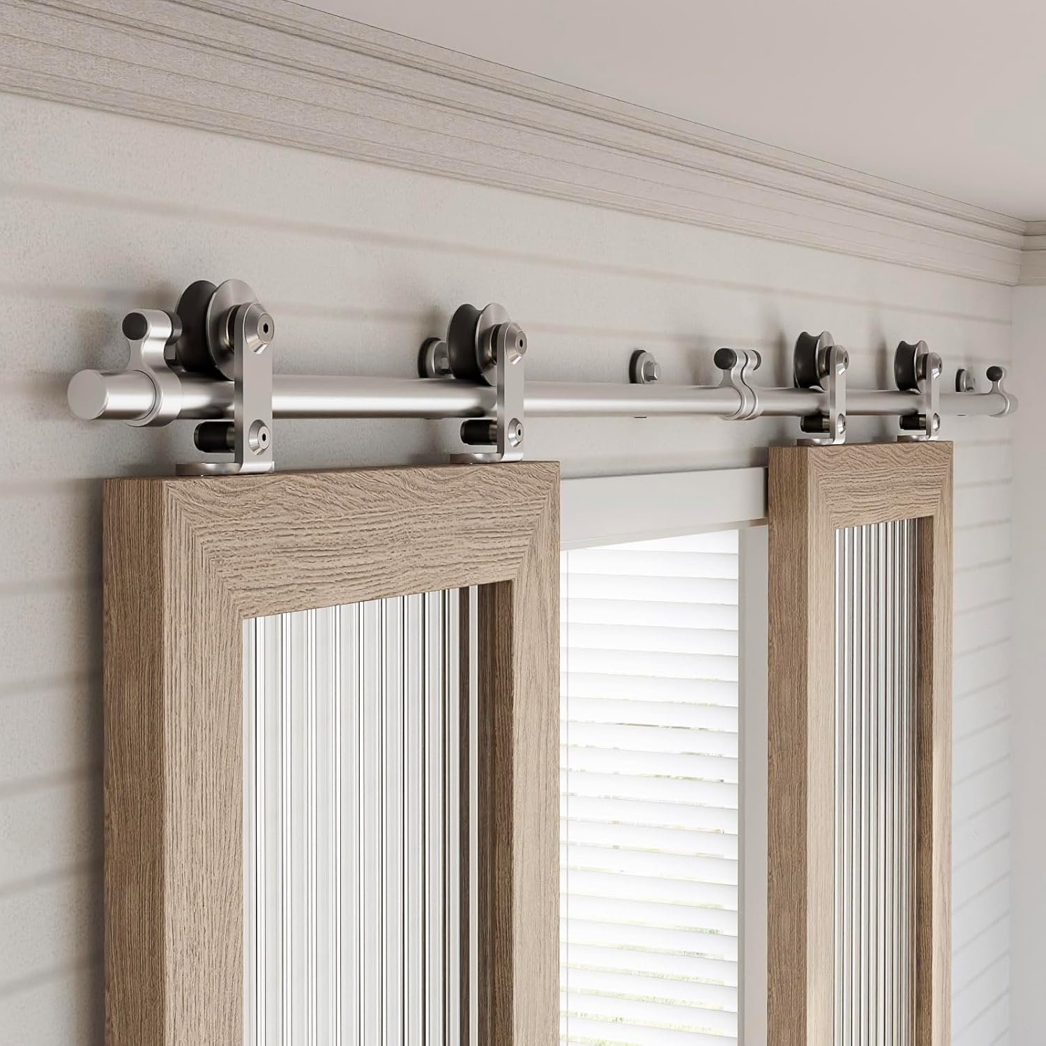 96"/8FT Top Mount Sliding Barn Door Hardware Kit Stainless Steel, Heavy Duty, Smoothly and Quietly, Barn Door Track Fit Max. 24.5"×2 Wide Double Door, Easy to Install (Panel not Included)