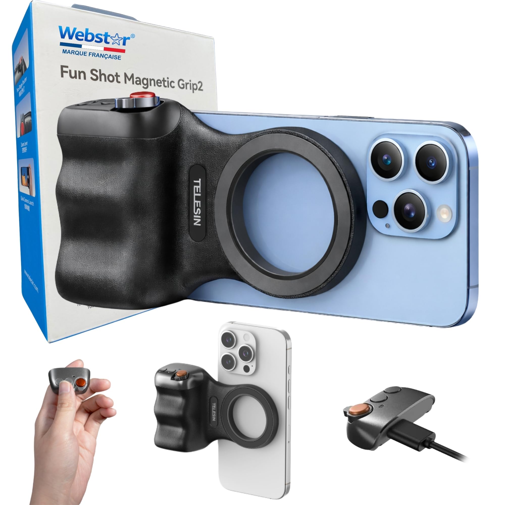 Webstar Tech® Poignée magnétique Bluetooth Smartphone | Support Vlog & Selfies | Grip stabilisateur avec télécommande détachable | Photos et vidéos avec Une Seule Main | Iphone & Android