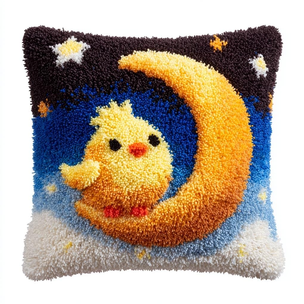 Henypt 43x43cm Latch Hook Cushion Making Kit,Crows on the Moon Printed Canvas Latch Hook Soft Yarn Pillow Set,Ideal Creative Gift for Adults