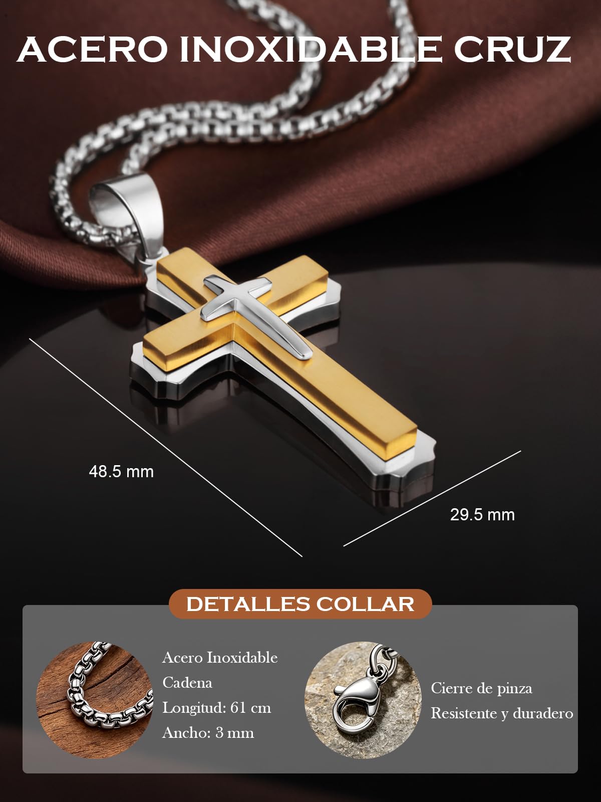 Collar Cruz Hombre Plata/Dorado/Negro Colgante Cruz para Hombre Acero Inoxidable 316L Joyero Cristiano de Cadena