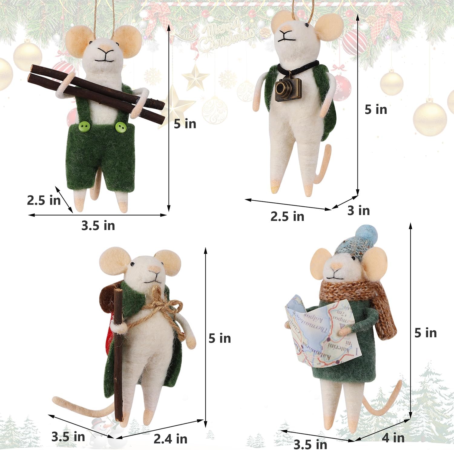 Set of 4 Christmas Felt Mice Ornaments, 5" Mini Hanging Wool Tourist Mouse Figurines, Tiered Tray Tabletop Decor, Animal Crafts Cute Xmas Tree Festival Holiday Easter Gifts Home Office Party Supply