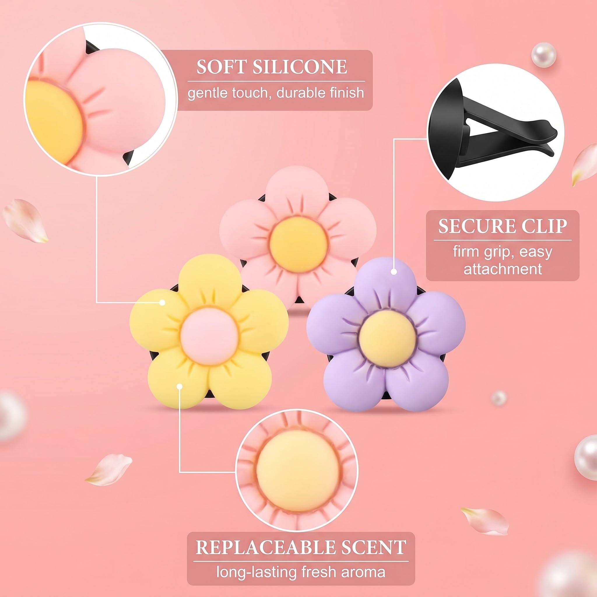 Diffusore Profumo Auto Clip Ventilazione 3 Pezzi Rosa Giallo Viola