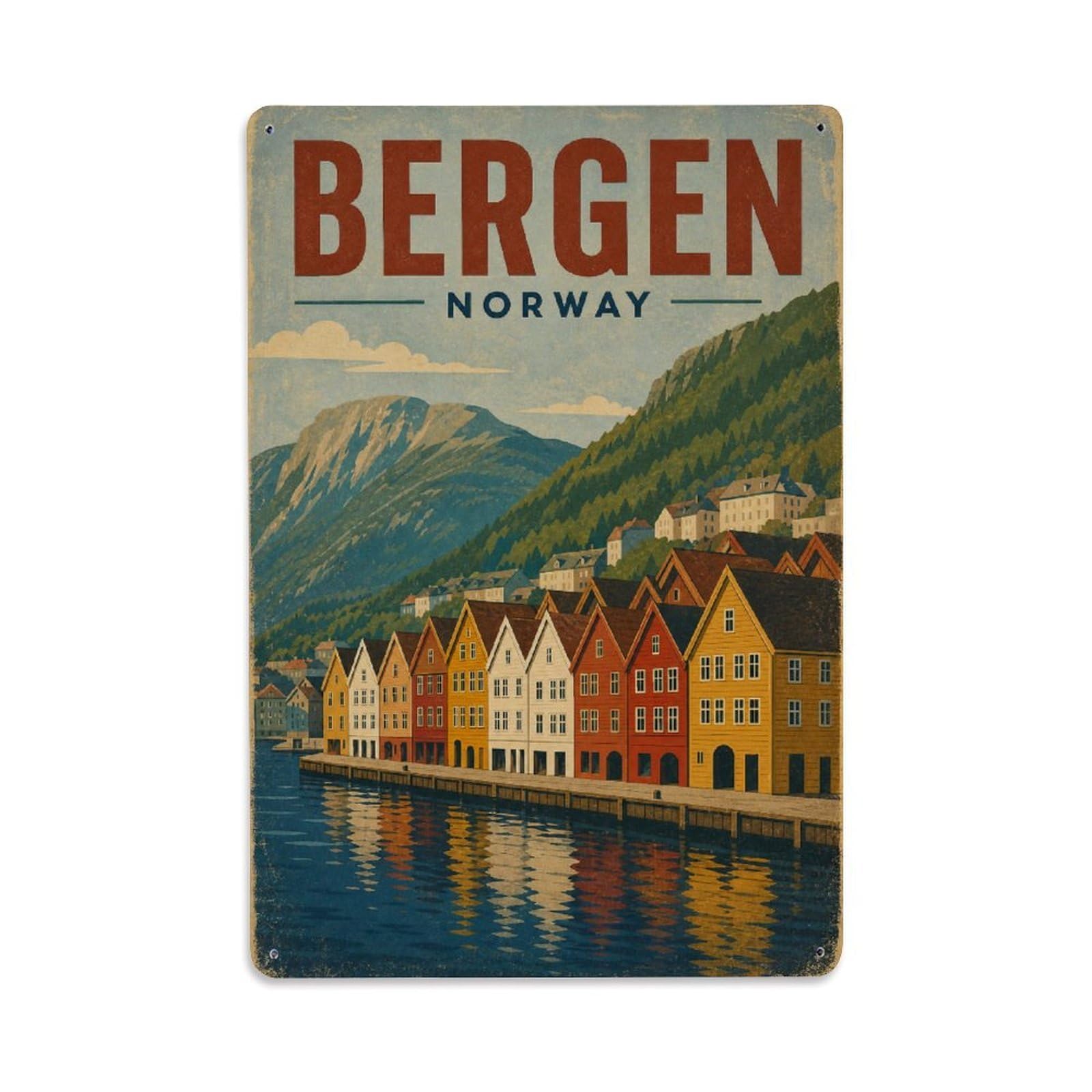 Travel Vintage Norway Bergen Metal Tin Sign Plaque Wall Decor for Cafe, Club Bar, Office, Garden Metal Poster 8x12Inch
