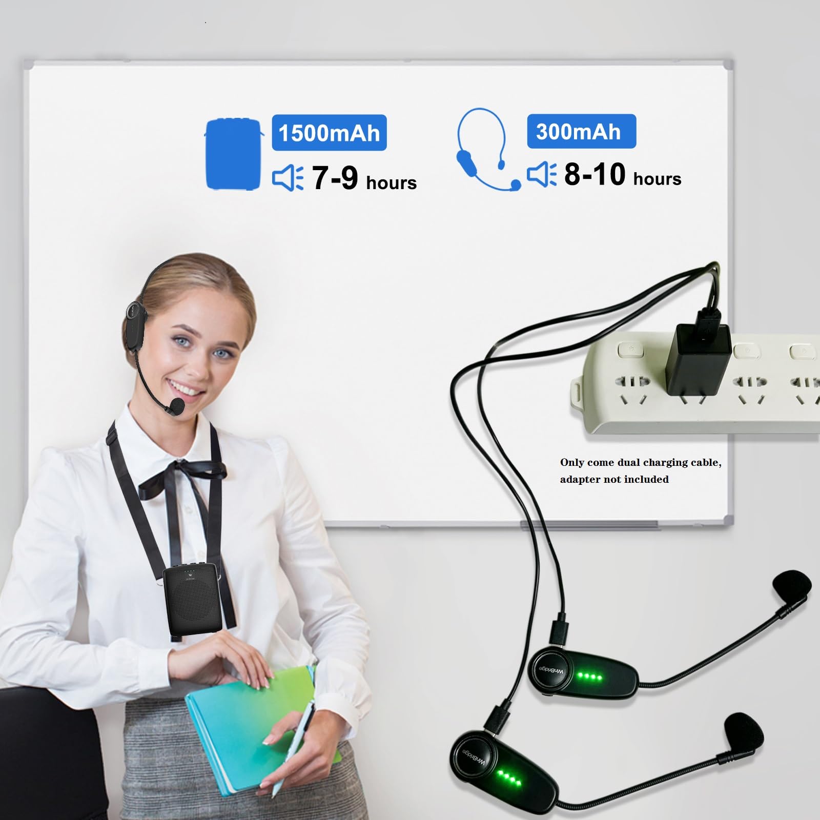 Amplificador de Voz inalámbrico WinBridge con Dos micrófonos de Auriculares Bluetooth, Altavoz portátil y micrófono para Profesores, megáfono portátil con Sonido Claro de 15W|2600mAh WB002 Plus