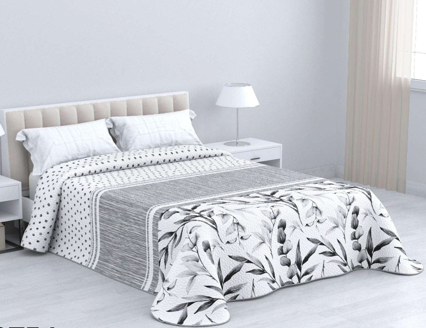 Colcha Bouti Estampada de 100% Microfibra Suave - Variedad de Diseños y Tamaños (Arce Gris, Cama 150cm)