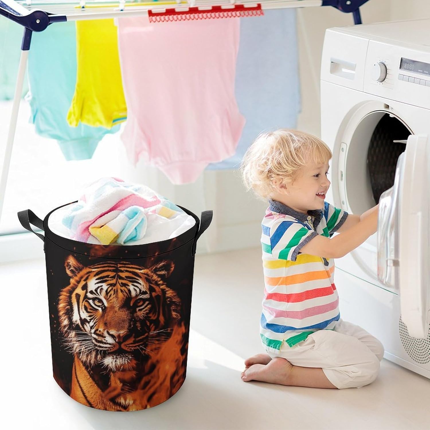 Tiger in Fire Laundry Basket Collapsible Clothes Hamper with Reinforced Handles Large Capacity Waterproof Laundry Bag Freestanding Laundry Hamper for Bedroom Bathroom