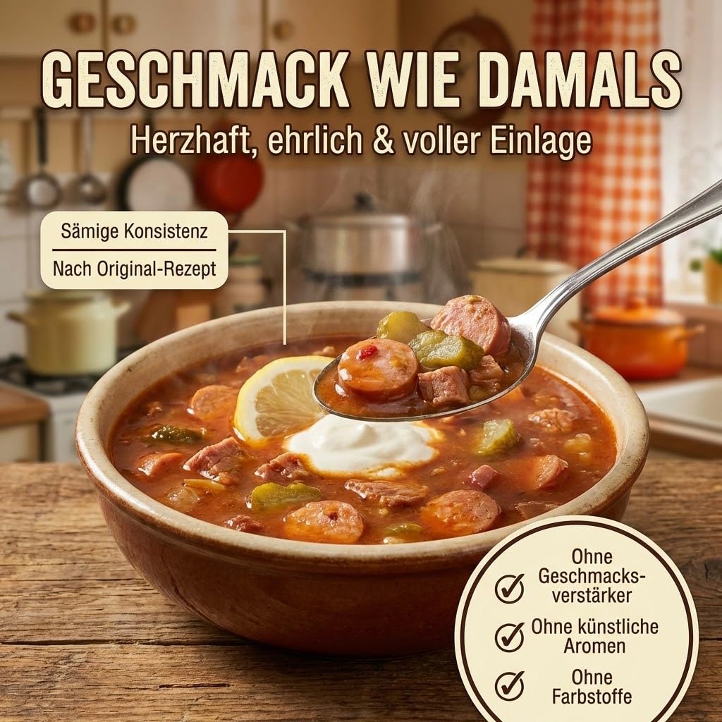 Schulküche Soljanka mit Fleisch & Wurst – 12x 800g Vorratspack | Herzhaft-säuerliche Suppe nach Original-DDR-Rezept – im Kessel gekocht, ohne Geschmacksverstärker