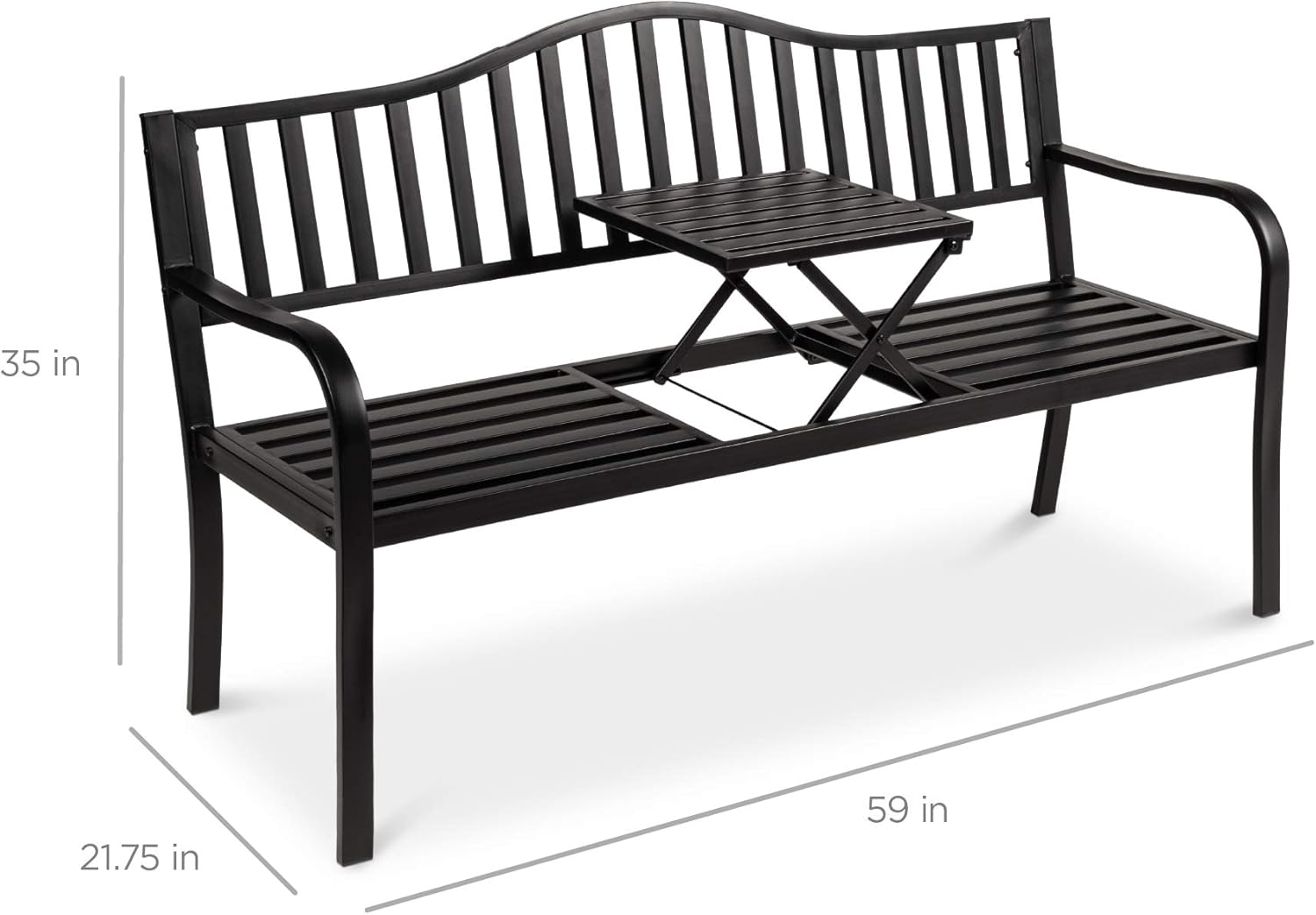 Best Choice Products Outdoor Garden Bench with Pullout Middle Table, Double Seat Steel Metal for Patio, Porch, Backyard w/Weather- Resistant Frame, 600lb Weight Capacity - Black