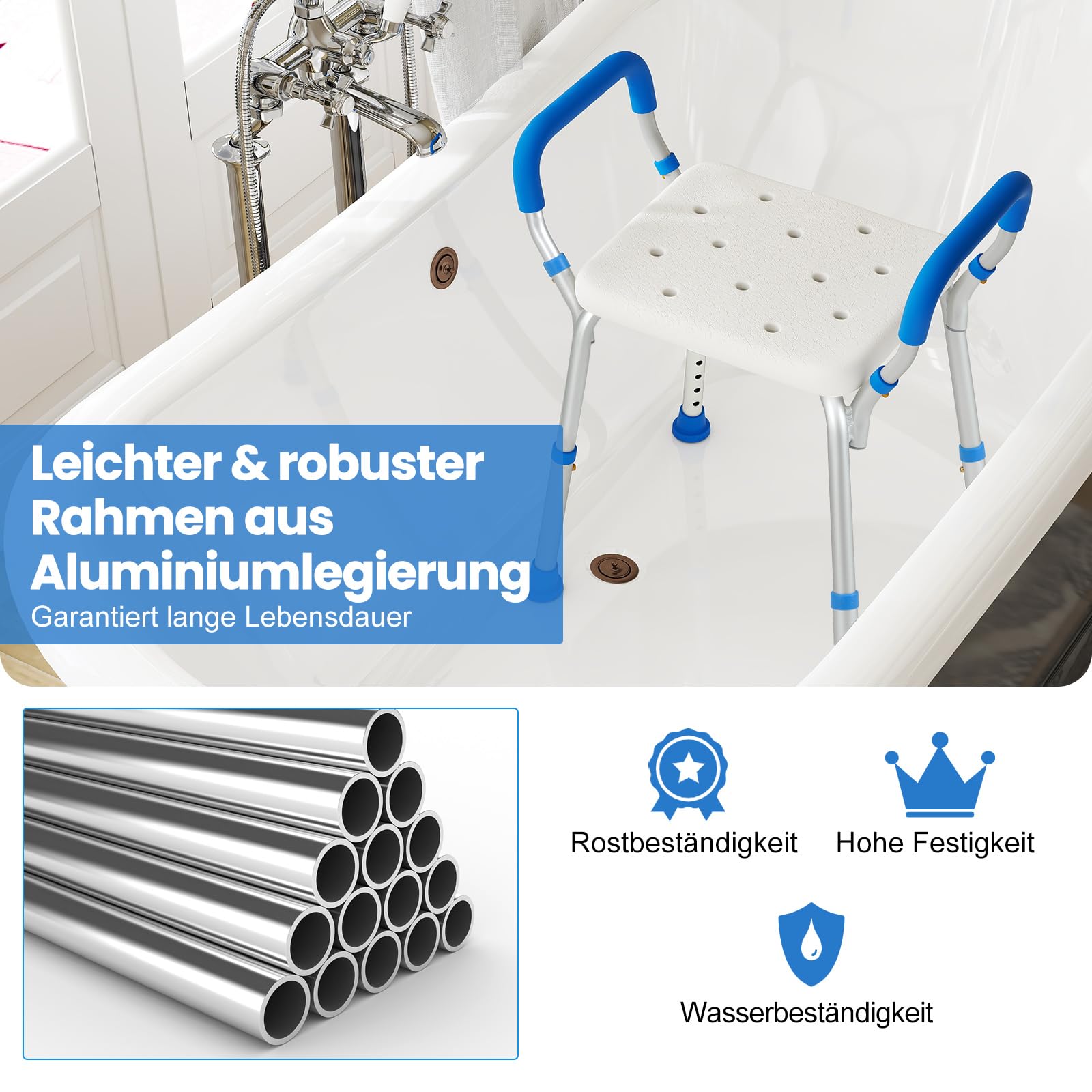 COSTWAY Stołek prysznicowy z regulacją wysokości, ławka prysznicowa, aluminiowa, nośność 100 kg, ławka łazienkowa z podłokietnikami i antypoślizgowymi gumowymi nóżkami, ławka łazienkowa, krzesło