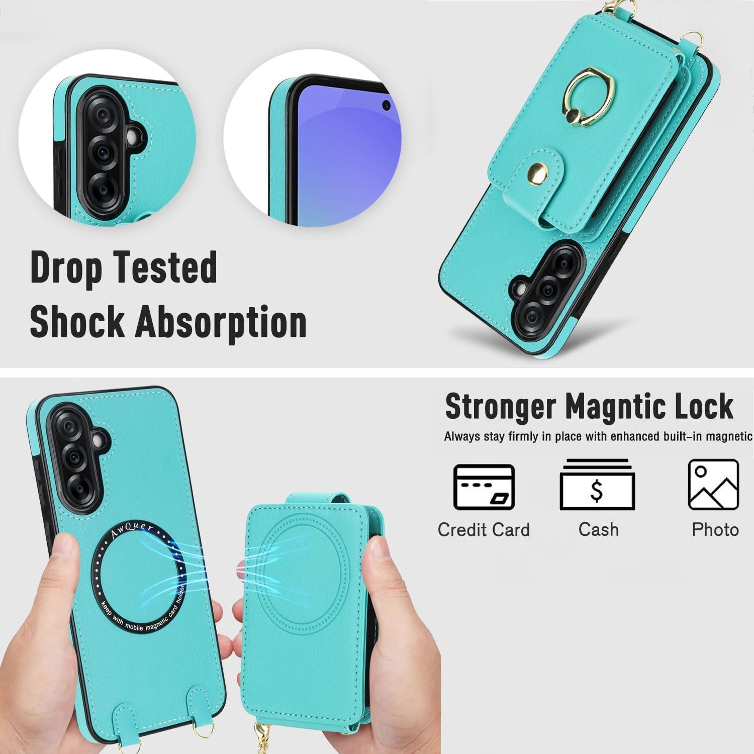 Asuwish Phone Case for Samsung Galaxy A36 5G Wallet Cover Detachable and Screen Protector Ring Kickstand Crossbody Lanyard Strap Compatible with MagSafe RFID Blocking A 36 36A LTE for Women Men Teal