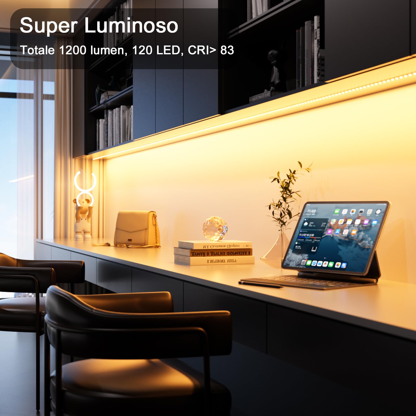 WOBANE Striscia Led Cucina Sottopensile 2 metri, 4X50cm Strisce Led Adesiva per Cucina con Interruttore e Spina, 1200LM Illuminazione Sotto Pensile per Vetrine,Scrivania,TV, Bianco Caldo 2700K, Nero