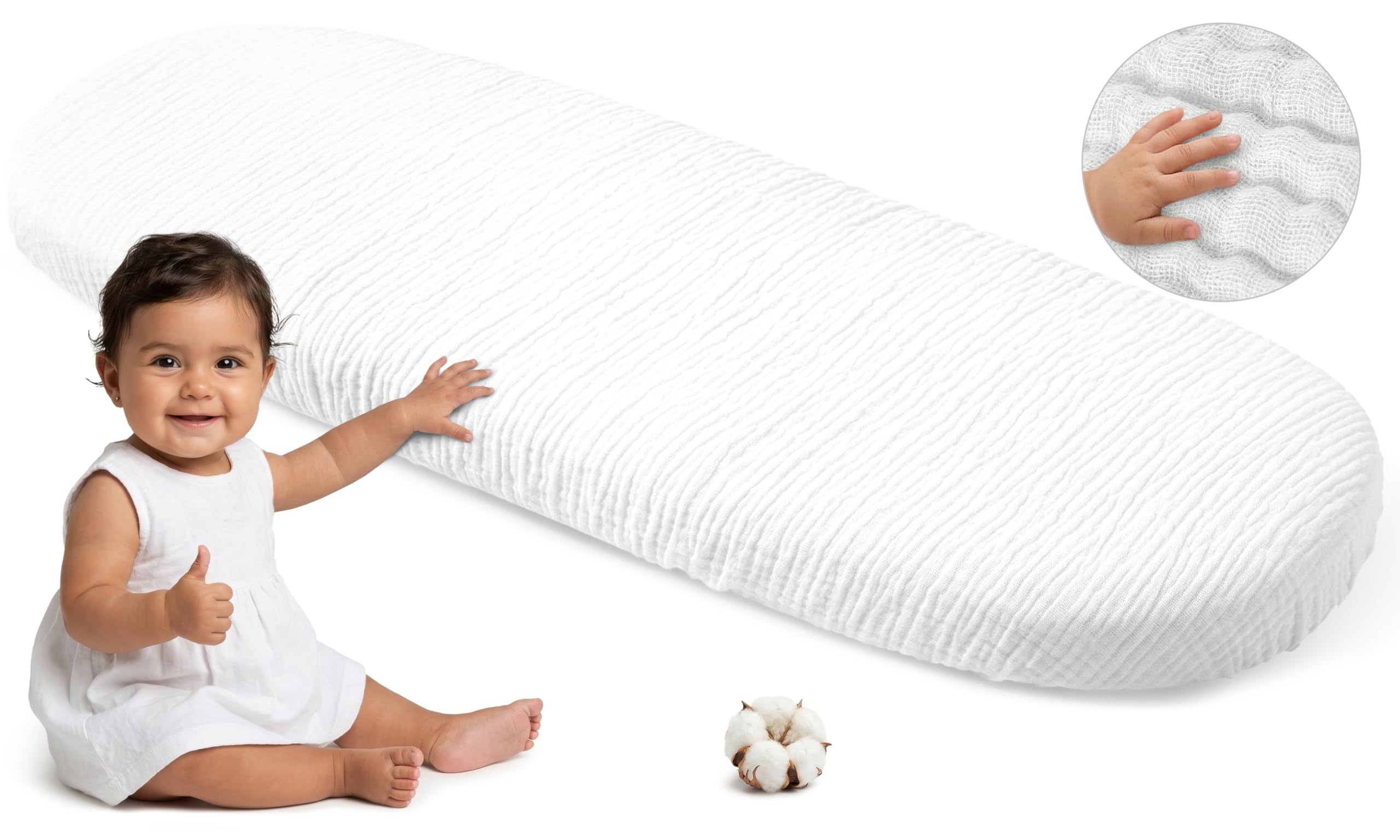Medi Partners Fitted Sheet Muslin Baby Pram Sheet 86 x 40 cm Bed Sheet Bassinet - 100% Cotton Muslin Sheet Fitted Sheet for Cot Cot Cover (White) โ image 1