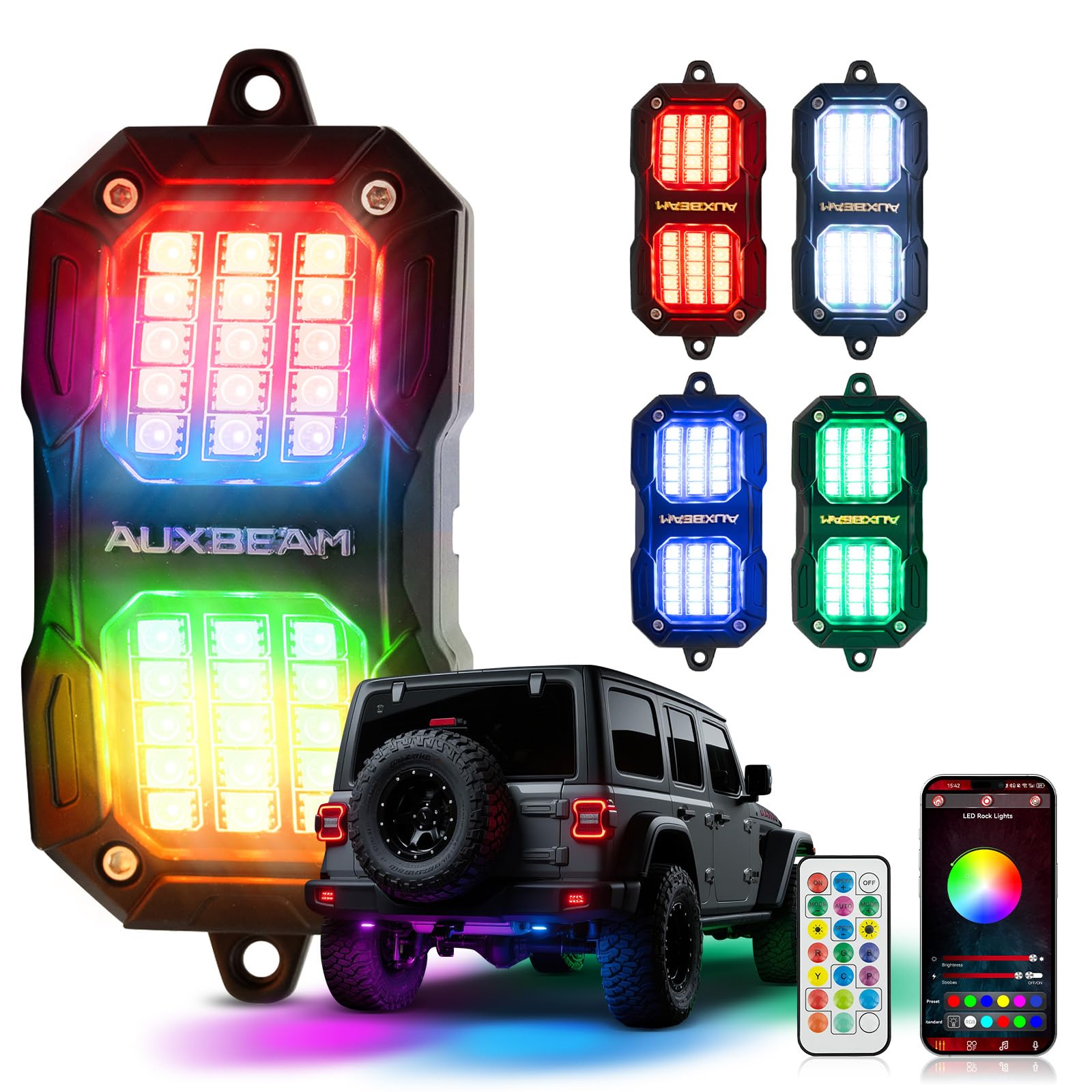 Auxbeam 4-Pod RGB LED Rock Lights for Trucks UTV ATV Golf Cart Boat Car