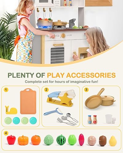 Miniatura 4 de Babytronic Cocina de juego para niños, juego de cocina de madera para niños a partir de 3 años con luces reales, sonidos, estufa, fregadero, horno y