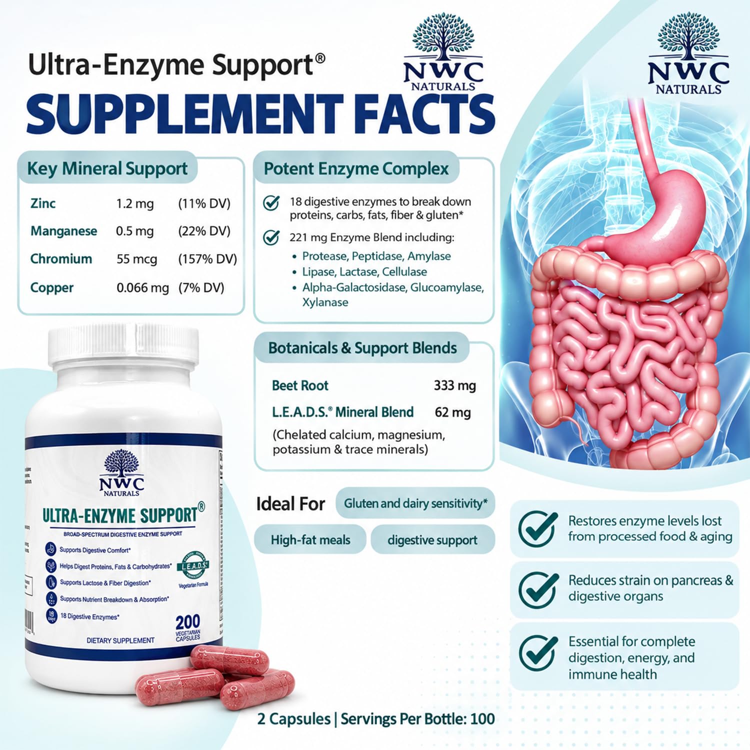 NWC Naturals Ultra-Enzyme Support Digestive Enzyme Supplement, 200 Capsules — Amazon image 5