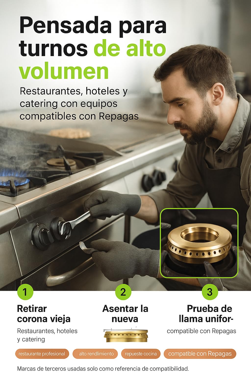 Corona Quemador Latón Alta Precisión Ø95mm Compatibilidad con Repagas C520 C720 C741 C940 QE60 Pieza Repuesto Cocina Profesional Hostelería Llama Estable Duradera