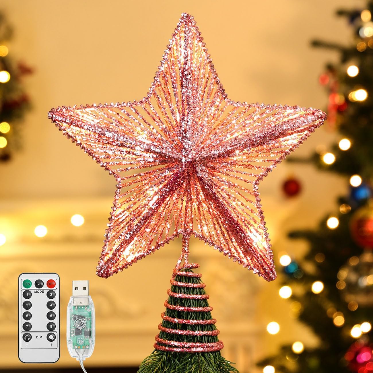 Árbol de Navidad Topper Estrella iluminada árbol T Estrella de árbol con Luces y Lentejuelas, Adorno for árbol de Navidad Iluminado for decoración navideña de árbol de Navidad en casa(Roze)
