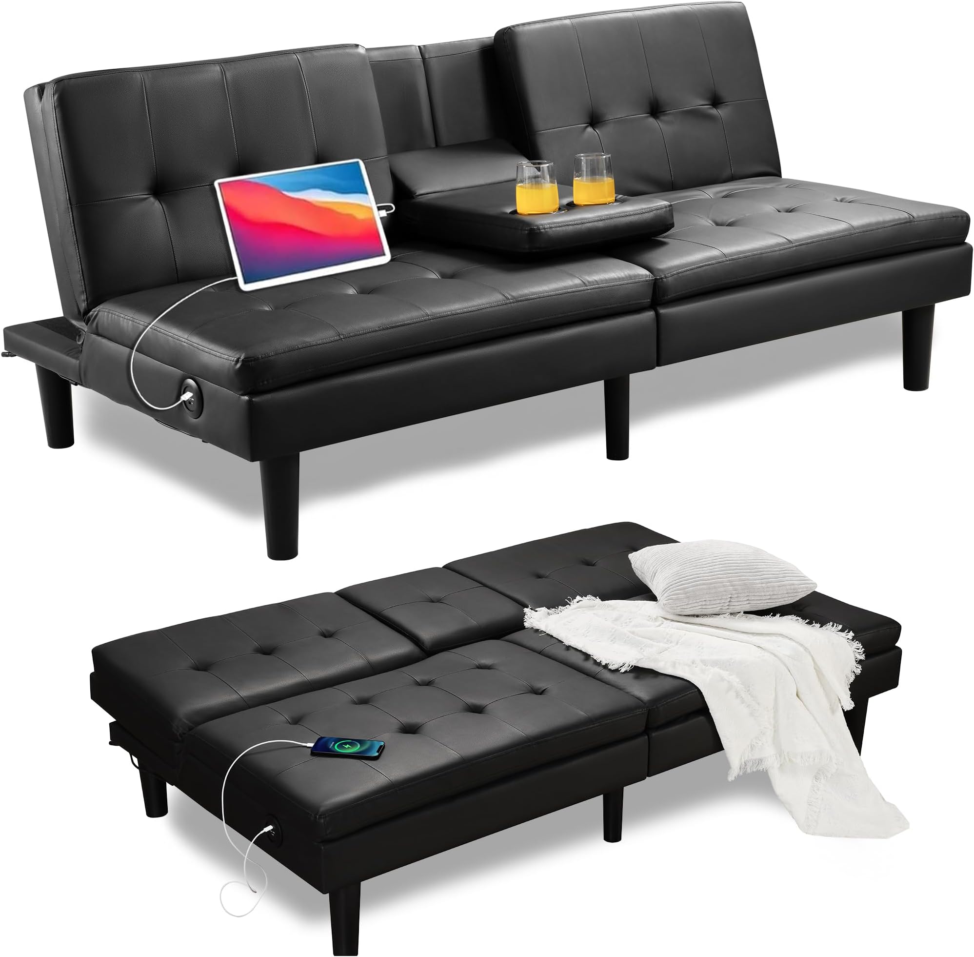 Fangflower Futon Sofa,Convertible Couch with Cup Holder