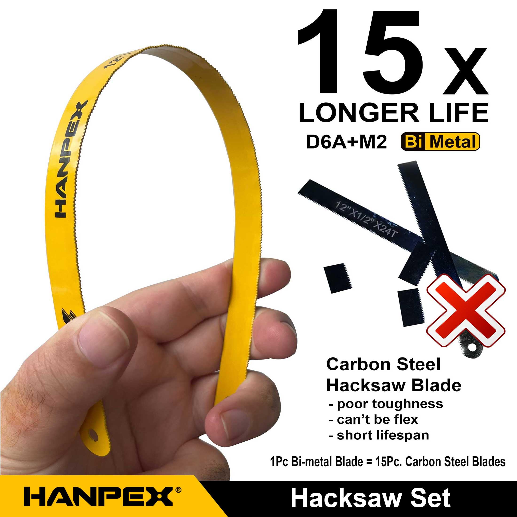 Hanpex Marco de sierra de alta tensión de 12 pulgadas con 10 cuchillas bimetálicas adicionales, sierra de mano adecuada para metal, madera, PVC, carpintería