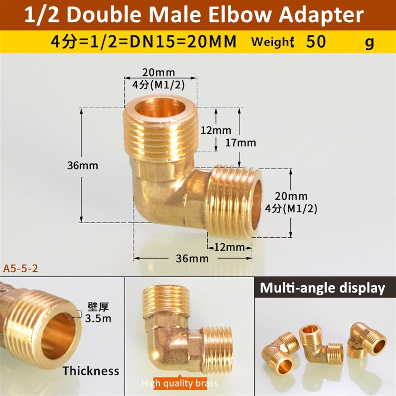 4pcs Female x Male Thread 90 Deg Brass Elbow Pipe Fitting Connector Coupler for Water Fuel Copper Adapter (Color : 1l2 Male to Male)