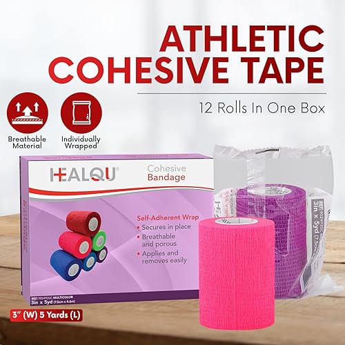 Miniatura 2 de HEALQU Vendaje autoadhesivo  12 rollos de cinta cohesiva de 2 pulgadas x 5 yardas para atletismo y deportes  Cinta médica autoadherente, vendajes