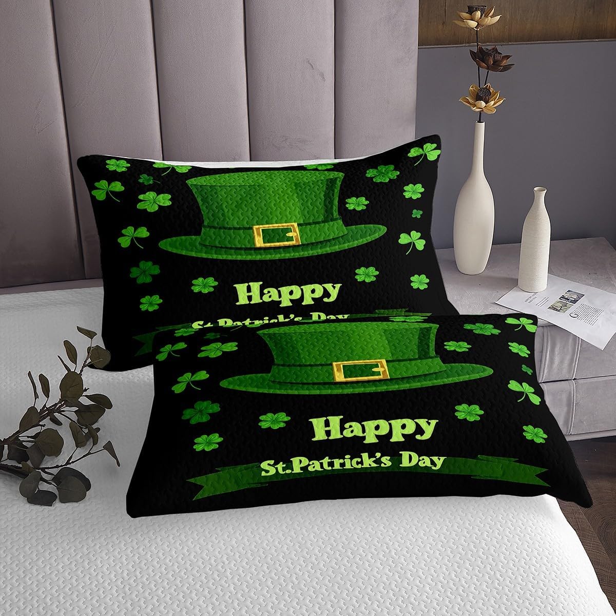 Feelyou St. Patrick's Day Coverlet Set Lucky Clover Bedspread for Kids Boys Girls Green Clover Leaves Bedspread Green Retro Quilted Bedroom Collection 2Pcs Twin Size