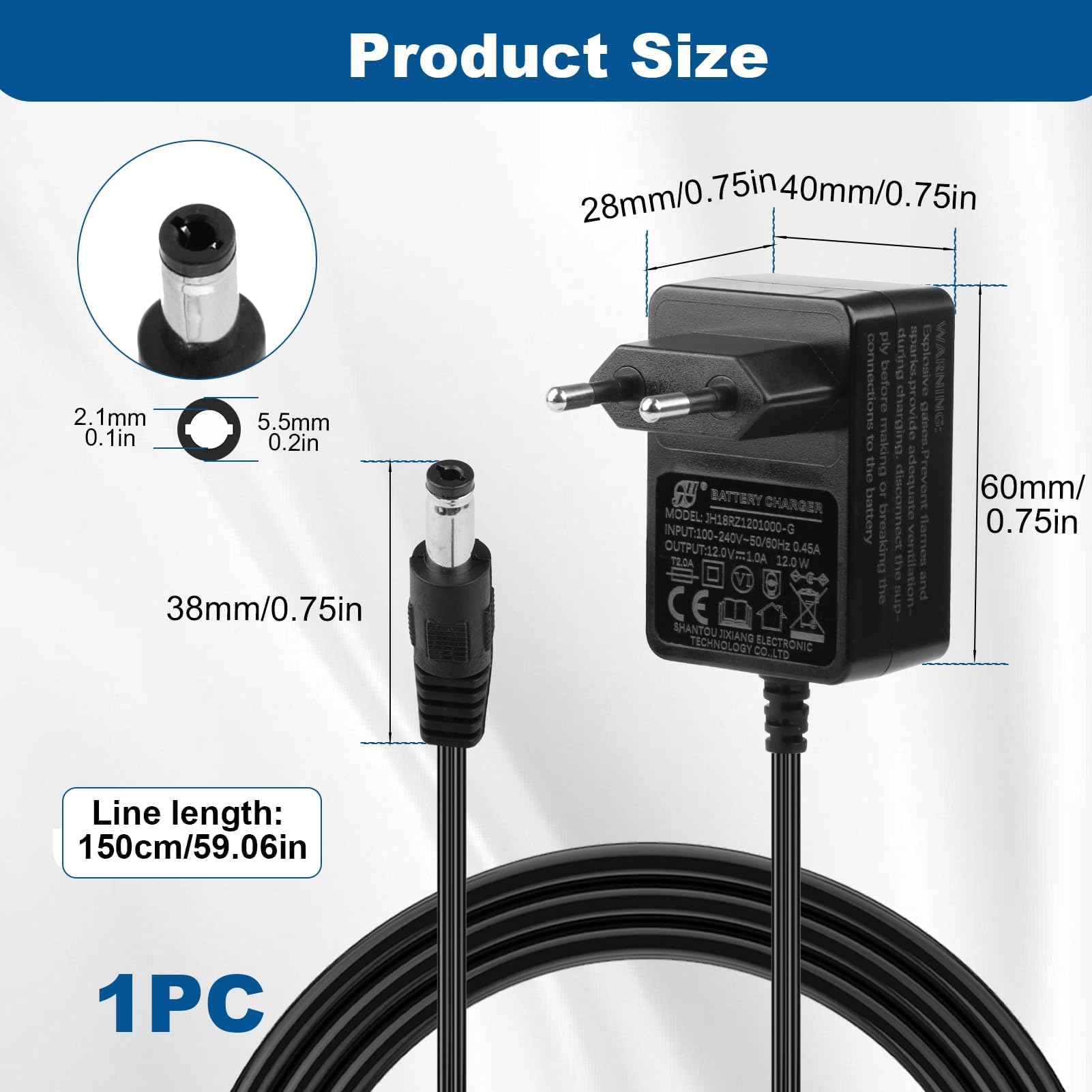 12V 1A Cargador para Coches Eléctricos Niños, Adaptador de Corriente EU para Juguetes Eléctricos SUV, ATV, Moto, Quad, Tractor y Otros 12V 1000mA Vehículos Infantiles, Cable 1.5 m Negro