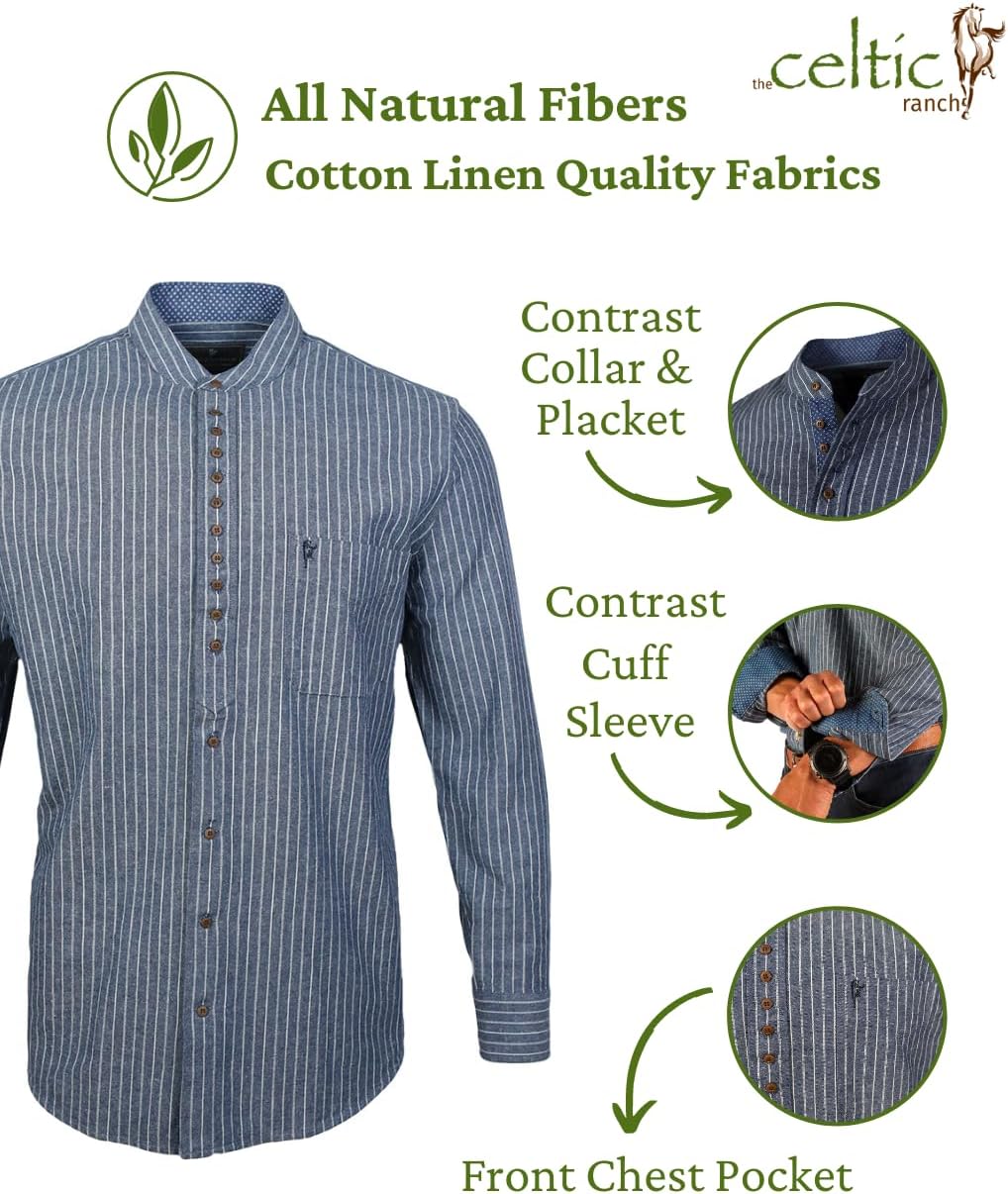 The Celtic Ranch Collarless Shirt for Men, Irish Grandfather Cotton Linen Long Sleeve Button Down Banded Collar Dress Shirt