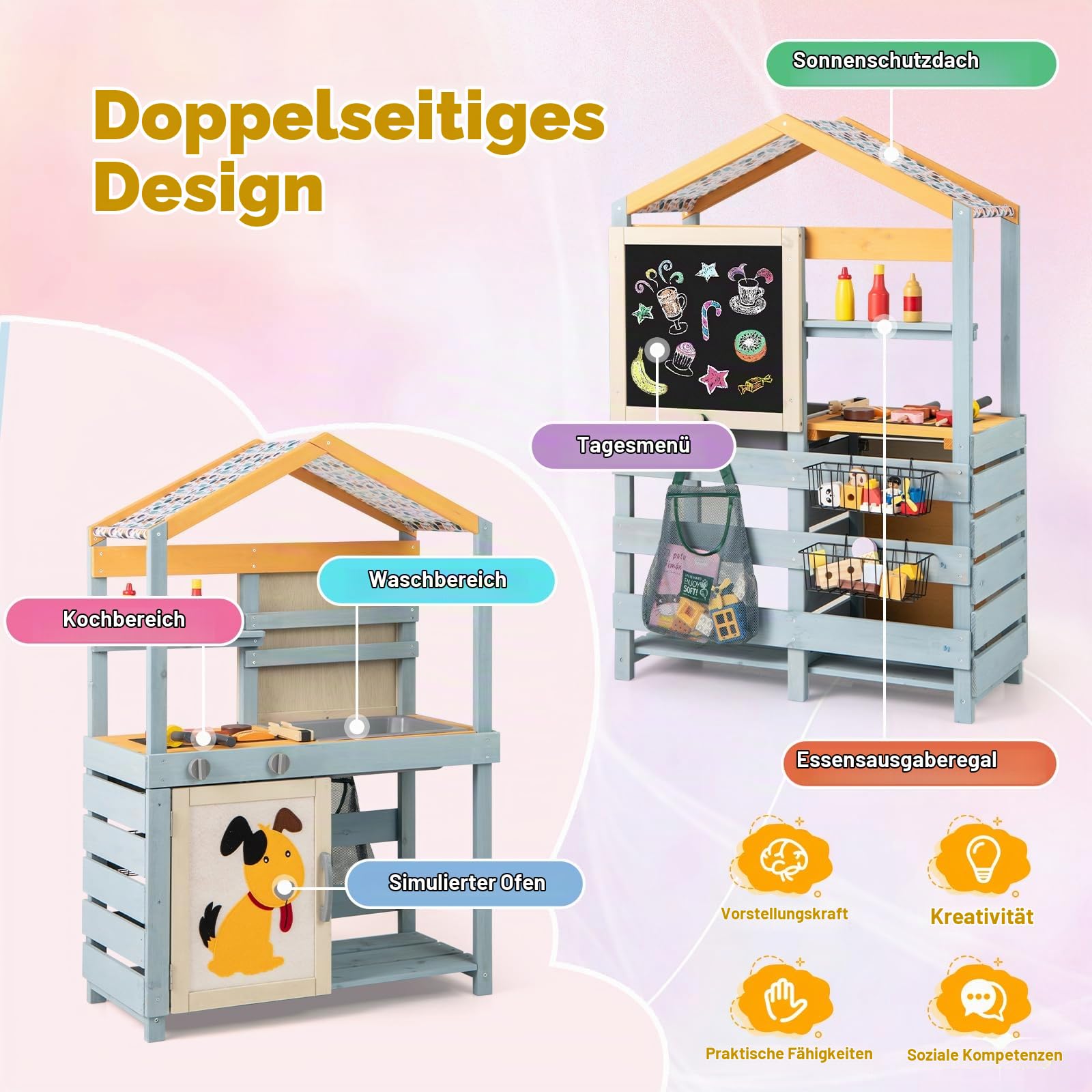 HOMASIS 3 in 1 Matschküche Kinder Outdoor, Kinderküche mit BBQ-Grill Tafel Waschbecken Spüle, doppelseitige Spielküche mit 17 Zubehör, Spielzeugküche aus Tannenholz, Gartenküche für Kinder ab 3 Jahren