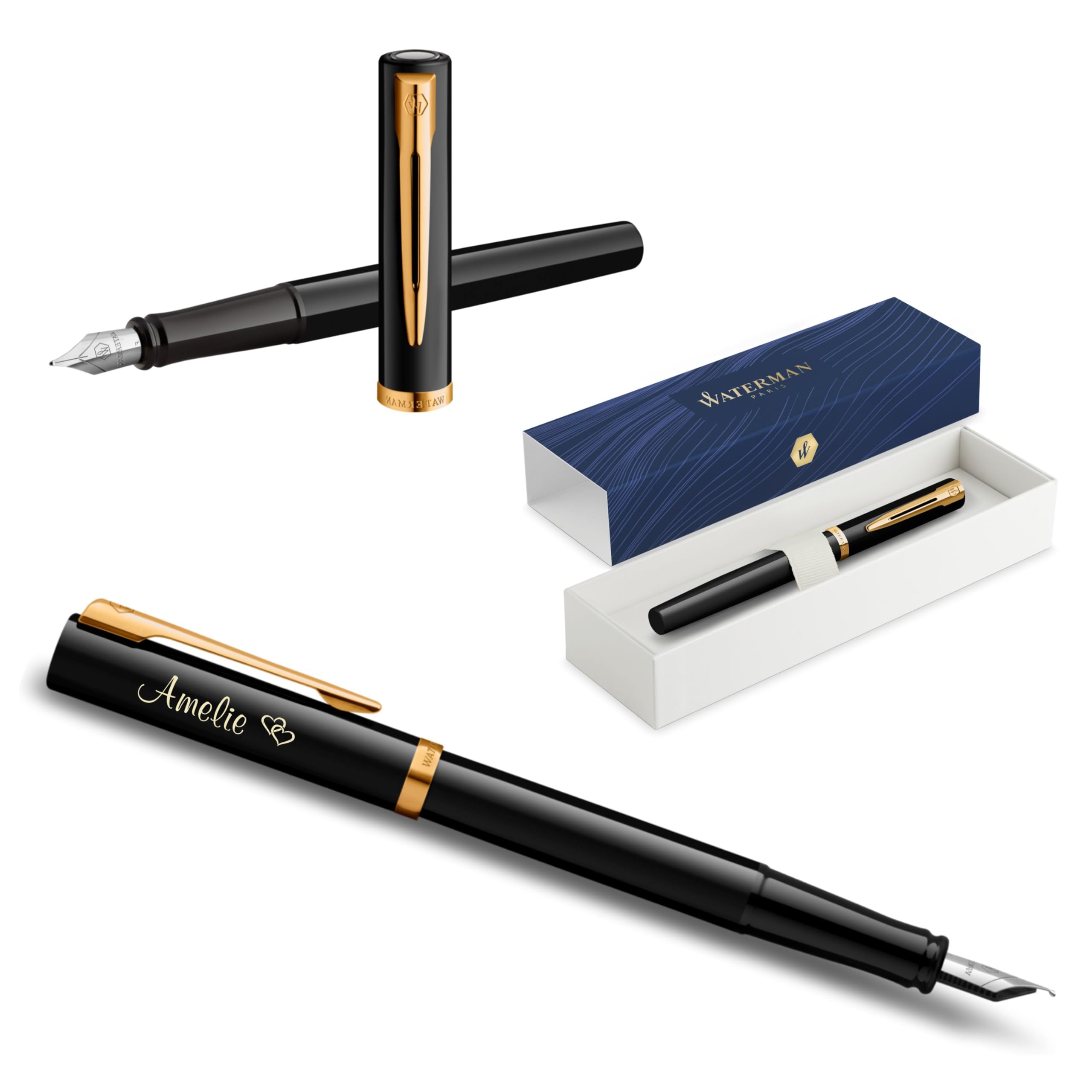 Waterman Impression - Stylo plume avec gravure - Personnalisable - Élégant stylo d'écriture - Cadeau pour hommes et femmes - Encre bleue (Black GT)